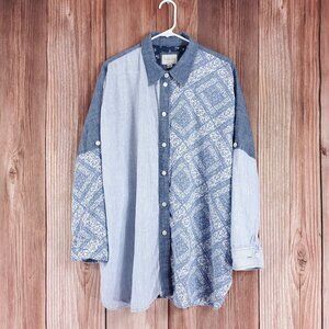 American Eagle Womens Small Denim Wash Stripes Floral Oversized Patchwork Shirt